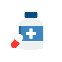 Medical pill bottle icon. Healthcare, prescription, supplement, treatment concept. Flat vector design illustration isolated on background.