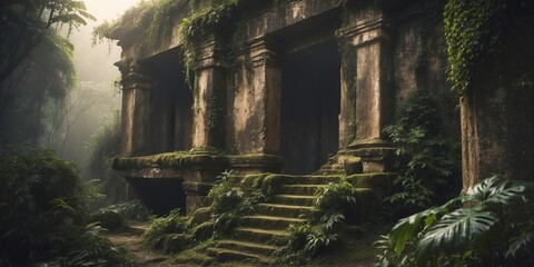 Ancient ruins in a lush jungle with creeping vines and mysterious ambient, nature travel, historical exploration.