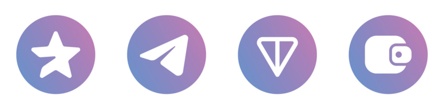 Set of purple round flat Telegram icons - Toncoin cryptocurrency sign, Telegram Wallet symbol, Telegram star icon and Telegram Messenger logo isolated on white background. Social media elements