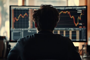 Rear view of a young man sitting in front of a monitor with stock market data with generative ai