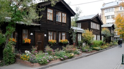 Obraz premium Rain-soaked wooden houses line the sidewalk, showcasing the beauty of old town architecture amidst the vibrant autumn foliage