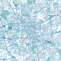 Map of Dortmund in Germany in blue. Contains layered vector with roads water, parks, etc.
