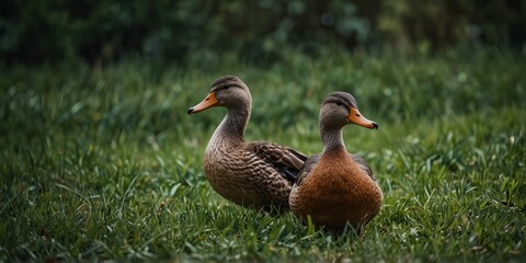Obraz premium Three ducks in tall green grass, close-up Wildlife and nature concept.