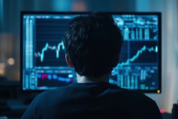 Rear view of a young man sitting in front of a monitor with stock market data with generative ai