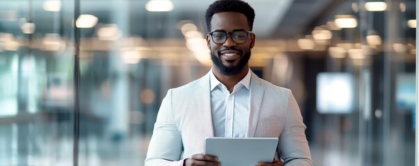 Confident Black man with tablet in modern server room, bright lighting, data security concept, technology leadership, professional attire, Generative AI