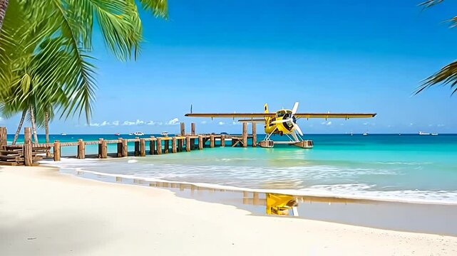 floatplane at the end of a pier on a tropical beach