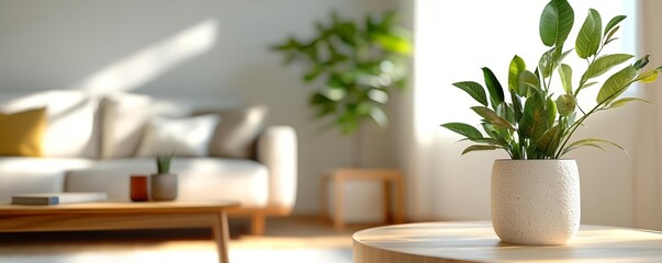 Elevated view of a sunlit living room with minimalist decor, wooden textures, and greenery, serene and inviting atmosphere, Generative AI