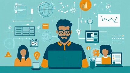 Online Teaching Teacher Leading Virtual Classroom with Students via Video Conference on Laptop Educational Icons and Digital Learning Environment in Background