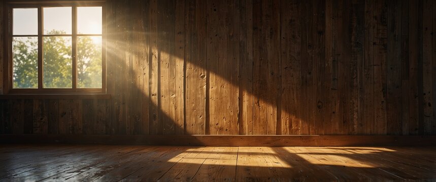 Sunlight shining through a window onto a wooden floor and weathered wall.