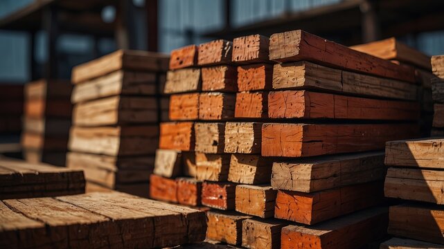 Stacked Padauk Wood Planks in Industrial Yard Close Up Shot.