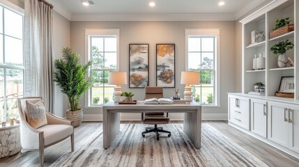 Fototapeta premium Watercolor chic home office with a stylish desk and statement artwork.