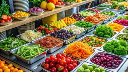 Vibrant colorful salad bar icon featuring fresh vegetables, fruits, and garnishes arranged in a visually appealing way on a modern studio background.