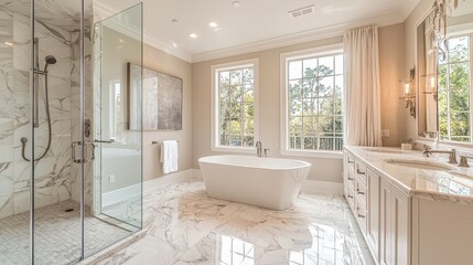 Watercolor contemporary bathroom with a walk-in shower and marble surfaces.