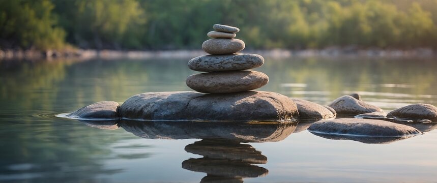 In this serene watercolor artwork, a stack of balanced stones is reflected in tranquil water with a soft, pastel background.
