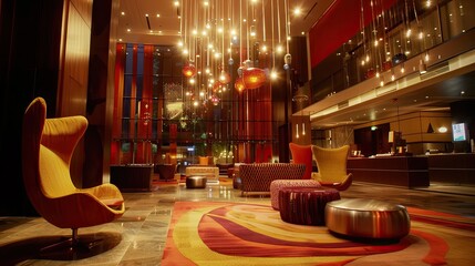 A lobby with a yellow chair and a red rug