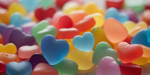 A pile of heartshaped gummy candies in various pastel colors.