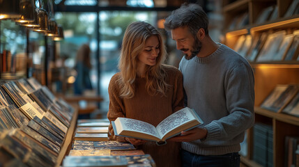 A couple quietly conversing over a shared book in the poetry section, soft lighting highlighting the shelves of poetry collections around them, with copy space