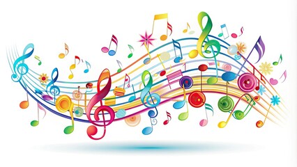 Obraz premium Vibrant colorful vector illustration of musical signs and symbols, including notes, rests, and clefs, arranged in a creative and harmonious composition on a white background.