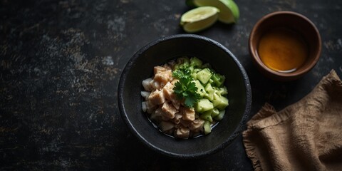 Top down view of bowl with soy sauce ginger and wasabi on dark stone surface blank space.