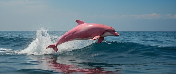 Fototapeta premium Two beautiful pink dolphins jumping over waves destroying the the ocean wildlife scenery Marine animals.