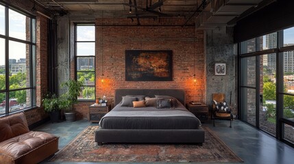 Watercolor industrial bedroom with exposed brick walls and metal accents.