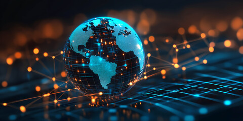 Global network on digital Earth globe, world finance connectivity, business trading, telecommunication