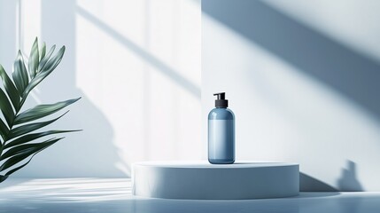 A blue glass bottle on a white pedestal under soft natural light with shadows and a green plant in the background