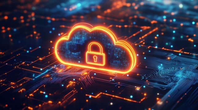 Glowing Cloud Security Icon in a Digital Network