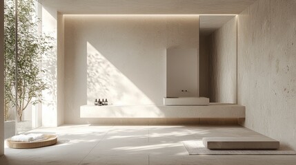 Watercolor minimalist bathroom with a floating vanity and clean lines.