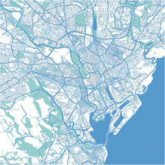 Map of Cardiff in United Kingdom in blue. Contains layered vector with roads water, parks, etc.