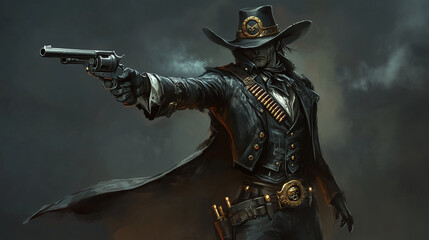 Naklejka premium Phantom Duelist: A gunslinger from the afterlife who appears only during full moons, with a ghostly appearance and a gun that shoots ethereal bullets, concept art, video game asset