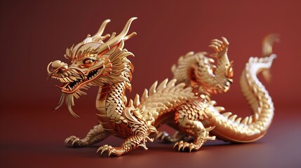 Golden Dragon Sculpture on Red Background
