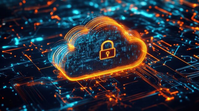 Glowing Cloud Security Icon in a Digital Network