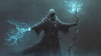 Stormcaller: A witch doctor dressed in a robe that crackles with energy, with a staff made of twisted wood that can summon lightning and thunder, concept art, video game assets, su