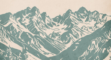 Mountain landscape. Vector graphics. Logo design for use in graphics. T-shirt print, tattoo design. Minimalist illustration for printing on wall decorations. Vintage grunge old .