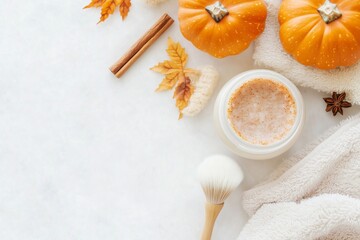 skincare flat lay featuring a pumpkin facial scrub jar, a brush applicator, and a fluffy towel