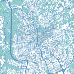 Map of Graz in Austria in blue. Contains layered vector with roads water, parks, etc.