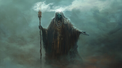 Spirit Walker Witch Doctor: A witch doctor draped in a cloak of ghostly mist, with a staff that can open portals to the spirit world and summon ethereal beings, concept art, video