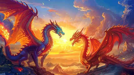 Two dragons facing each other, on a mountaintop with a sunset behind them.