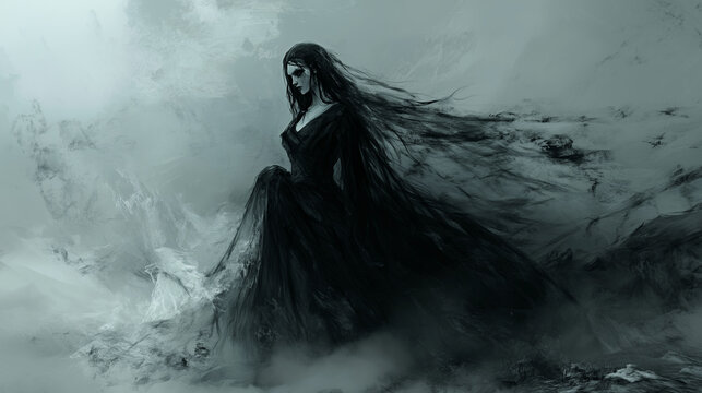 Spectral Widow: A banshee in a tattered black wedding dress, with long, flowing hair and a pale, ghostly face, her eyes glowing with vengeance, as she roams the wild west searching