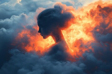 A surreal silhouette of a woman's profile surrounded by fiery flames and soft clouds, creating a dreamlike and mystical atmosphere.