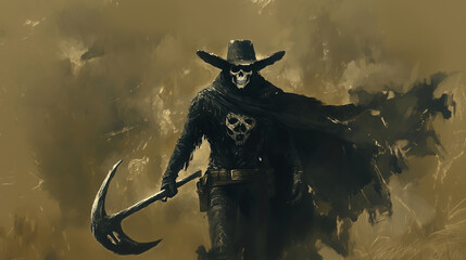Naklejka premium Grim Reaper Marshal: A marshal with a skeletal face hidden under a black cloak, carrying a scythe in one hand and a revolver in the other, tasked with reaping the souls of the wick