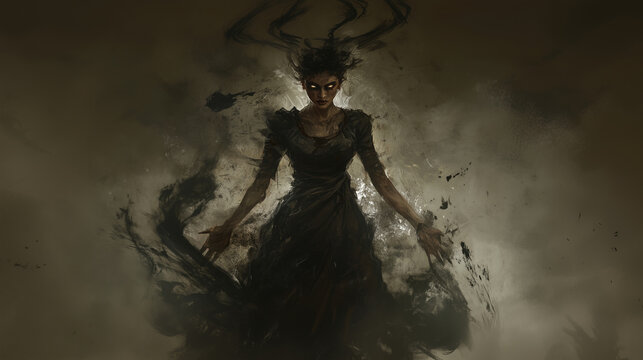 Vengeful Miners Wife: A banshee in a tattered dress covered in coal dust, her eyes glowing with anger, her scream capable of collapsing mines, as she seeks revenge for her husband