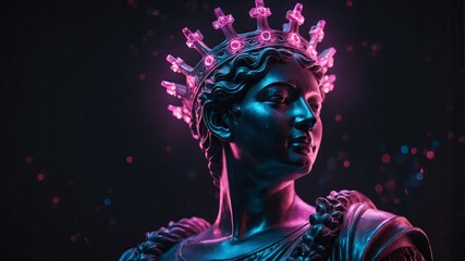 Neon-lit classical statue with a glowing crown.