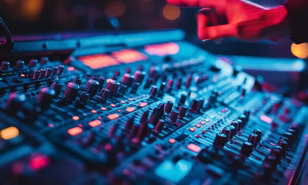 Sound Mixing Console - A close up shot of a hand adjusting the knobs and faders of a sound mixing console during a concert or event.