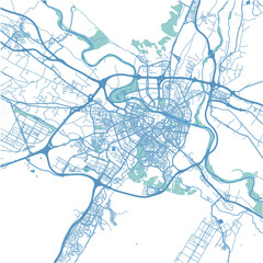 Map of Zaragoza in Spain in blue. Contains layered vector with roads water, parks, etc.