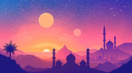 Fototapeta premium Silhouettes of Mosques Against a Starry Sunset