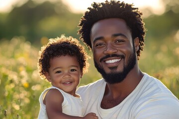 Father and child enjoying a sunny afternoon in a vibrant meadow filled with wildflowers