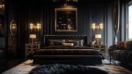 Fototapeta premium Luxurious Black and Gold Bedroom Interior