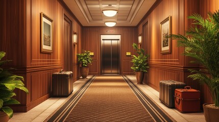 Obraz premium A luxurious hotel corridor with wood-paneled walls, plush carpets, and an open elevator with suitcases and potted plants nearby, exuding elegance.
